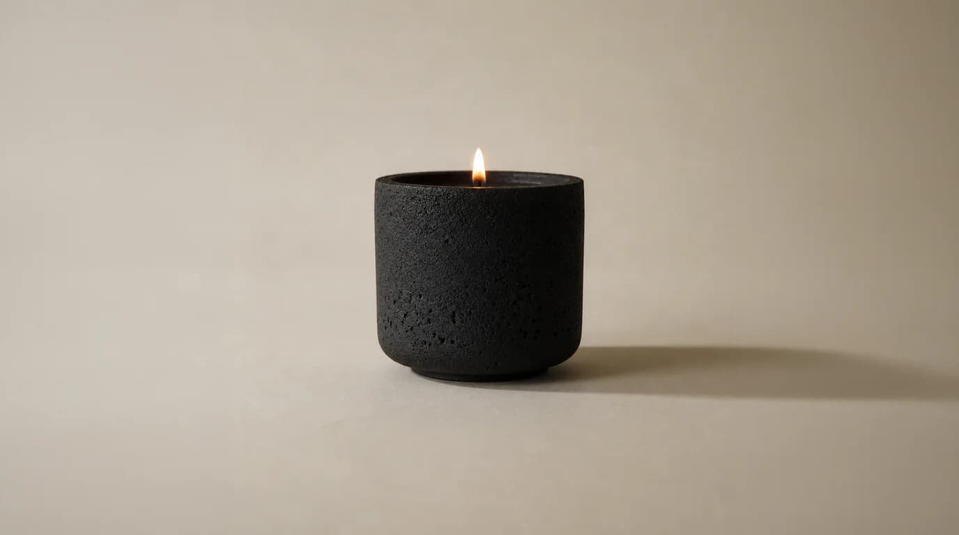 the andromeda candle: black wax in a solid black concrete vessel, seen in full