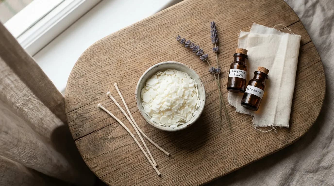 Natural soy candle with soft warm light in a clean setting