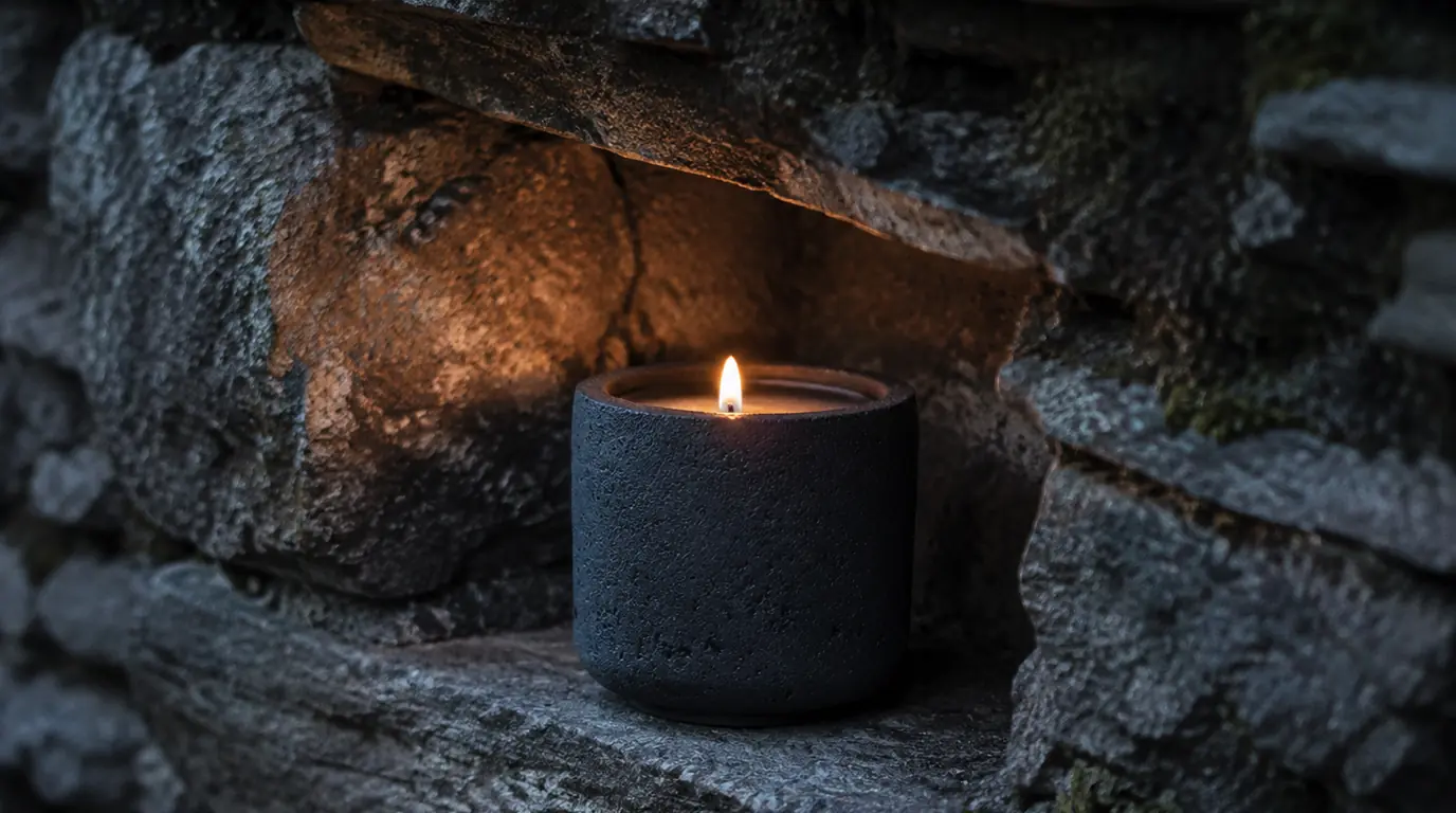 A single black concrete candle on a raw concrete ledge in a dim brutalist room