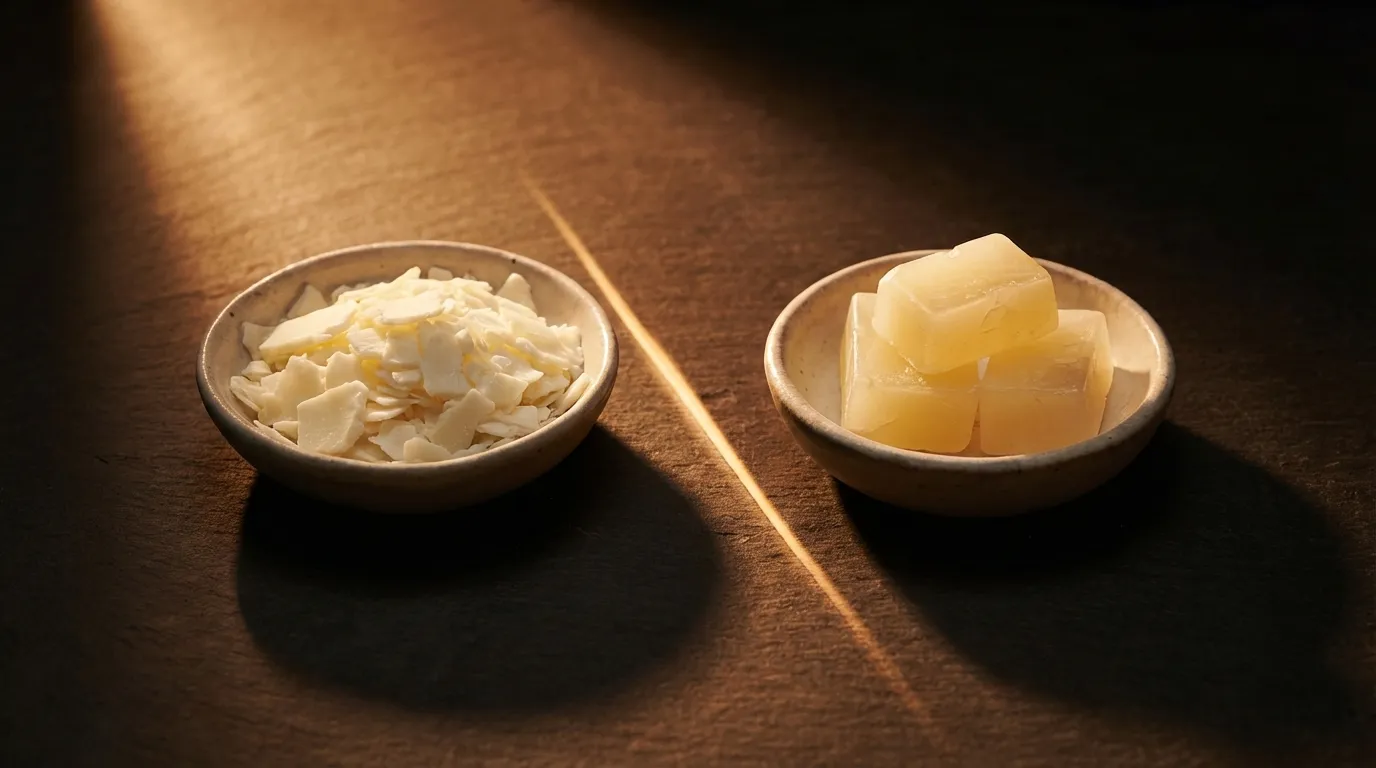 Close-up of natural soy wax candle with a warm, soft flame
