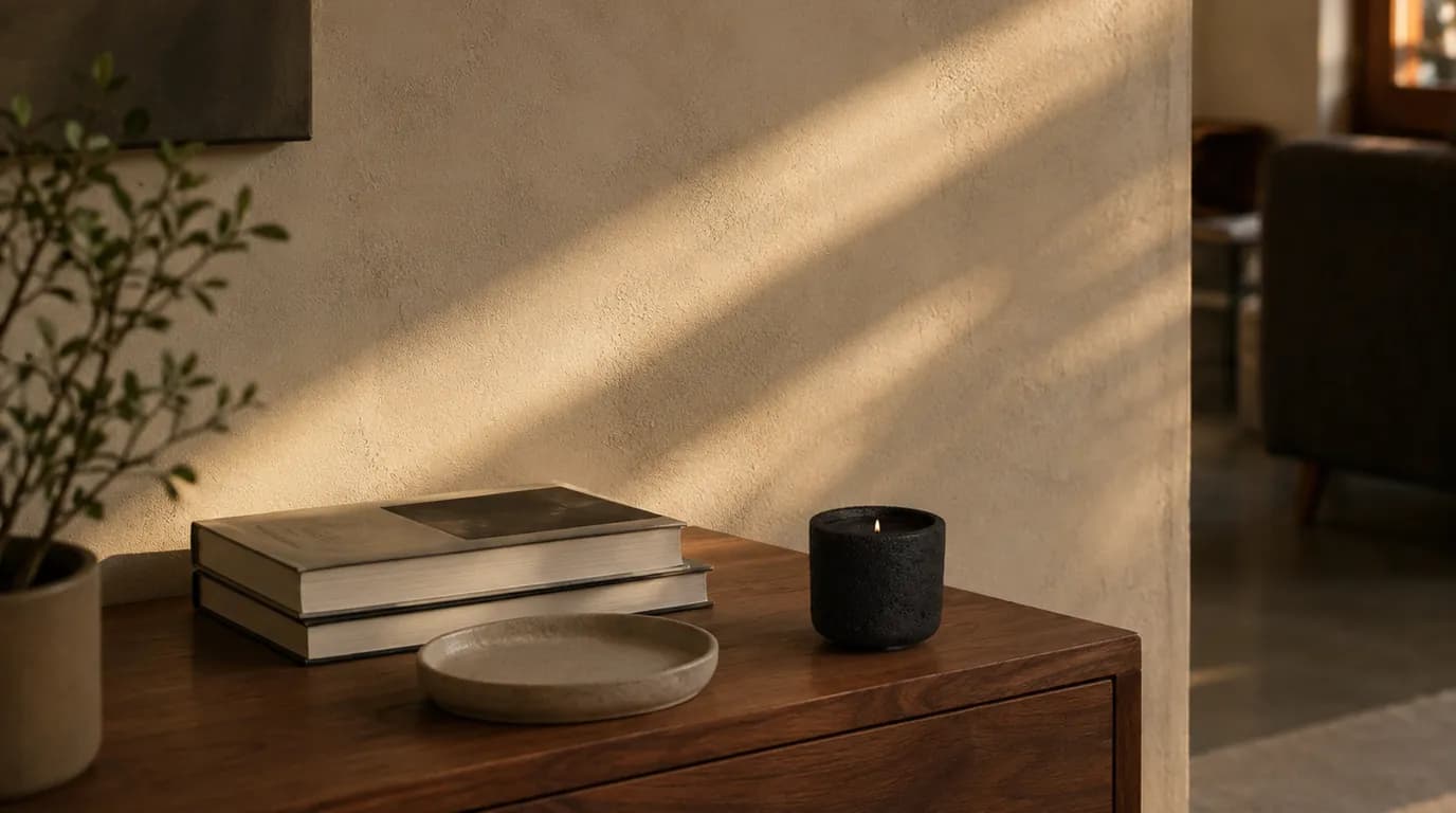 Stealth wealth interior with a black concrete candle on a slate console, charcoal walls and cool directional light
