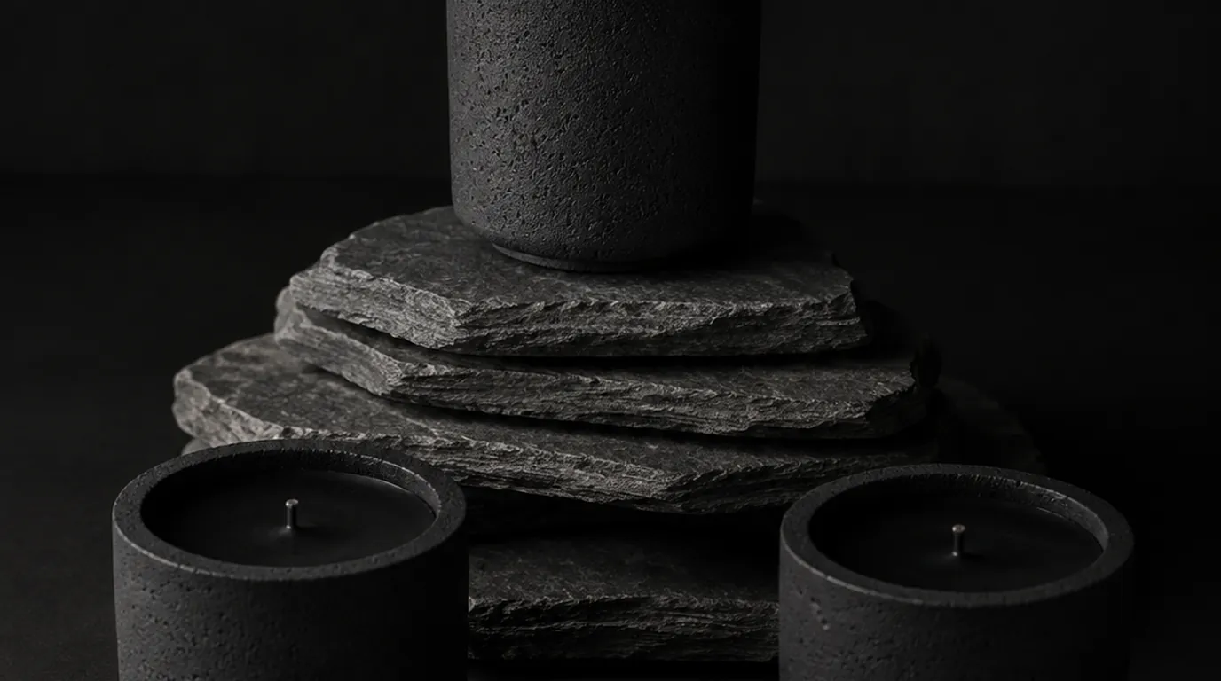 Dark, moody interior room with dramatic lighting and textured surfaces