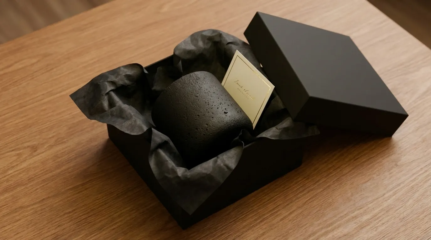 Elegantly wrapped gifts with dark paper and minimal styling