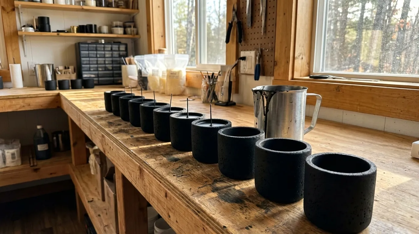 Hands carefully pouring melted wax into a vessel in a workshop