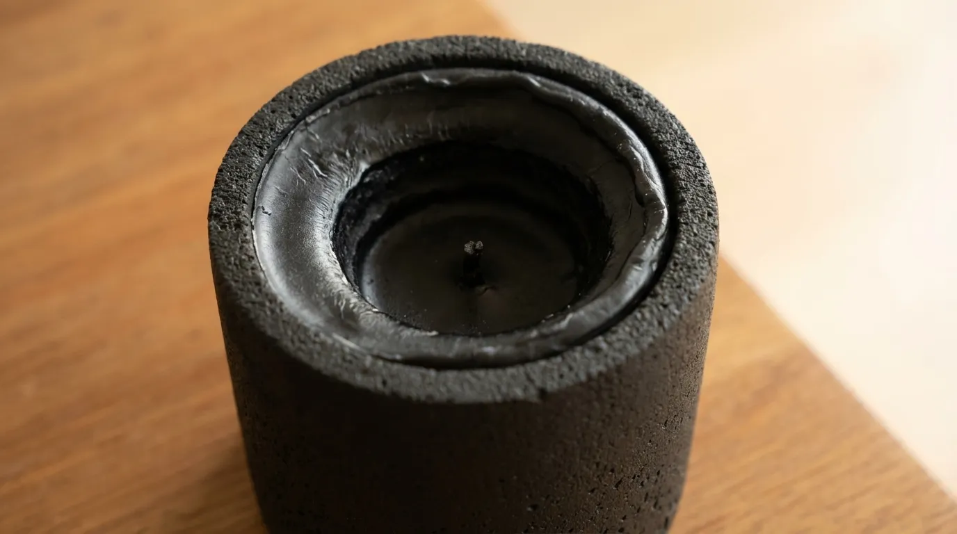 A lit candle with melting wax in a dark setting