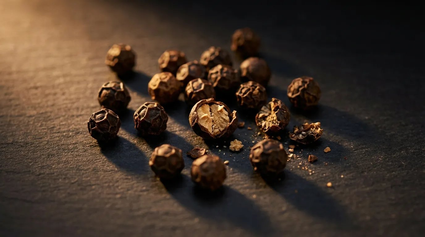 Whole black peppercorns scattered on a dark surface