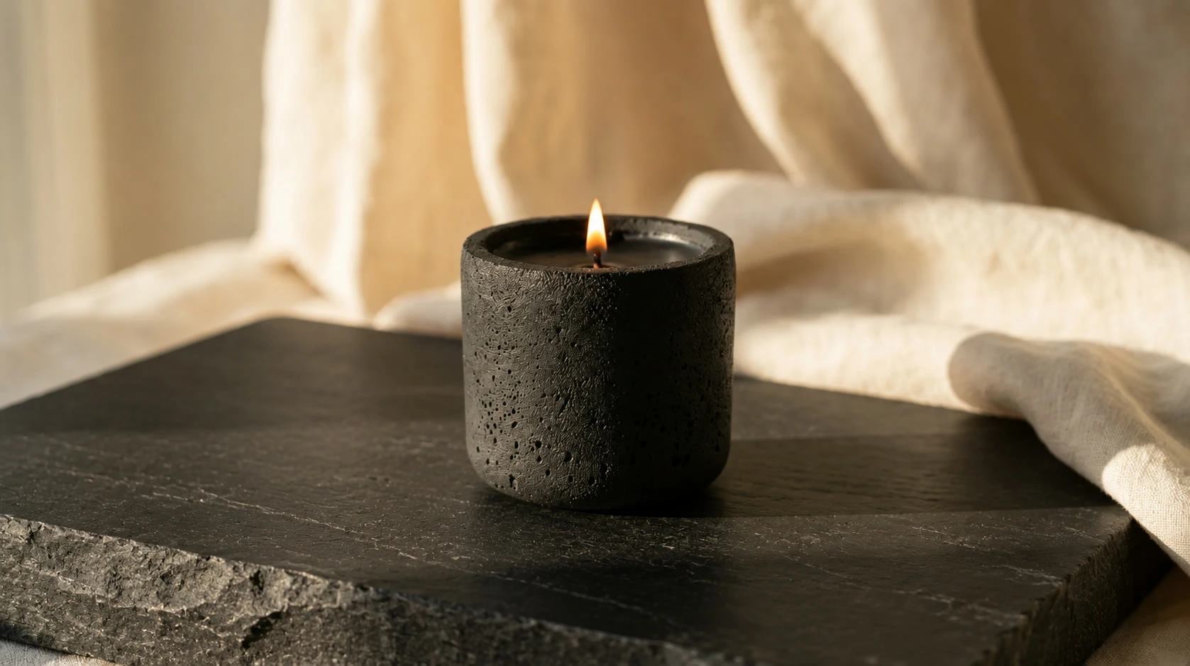 A lit Lyra candle in a black concrete vessel on black slate