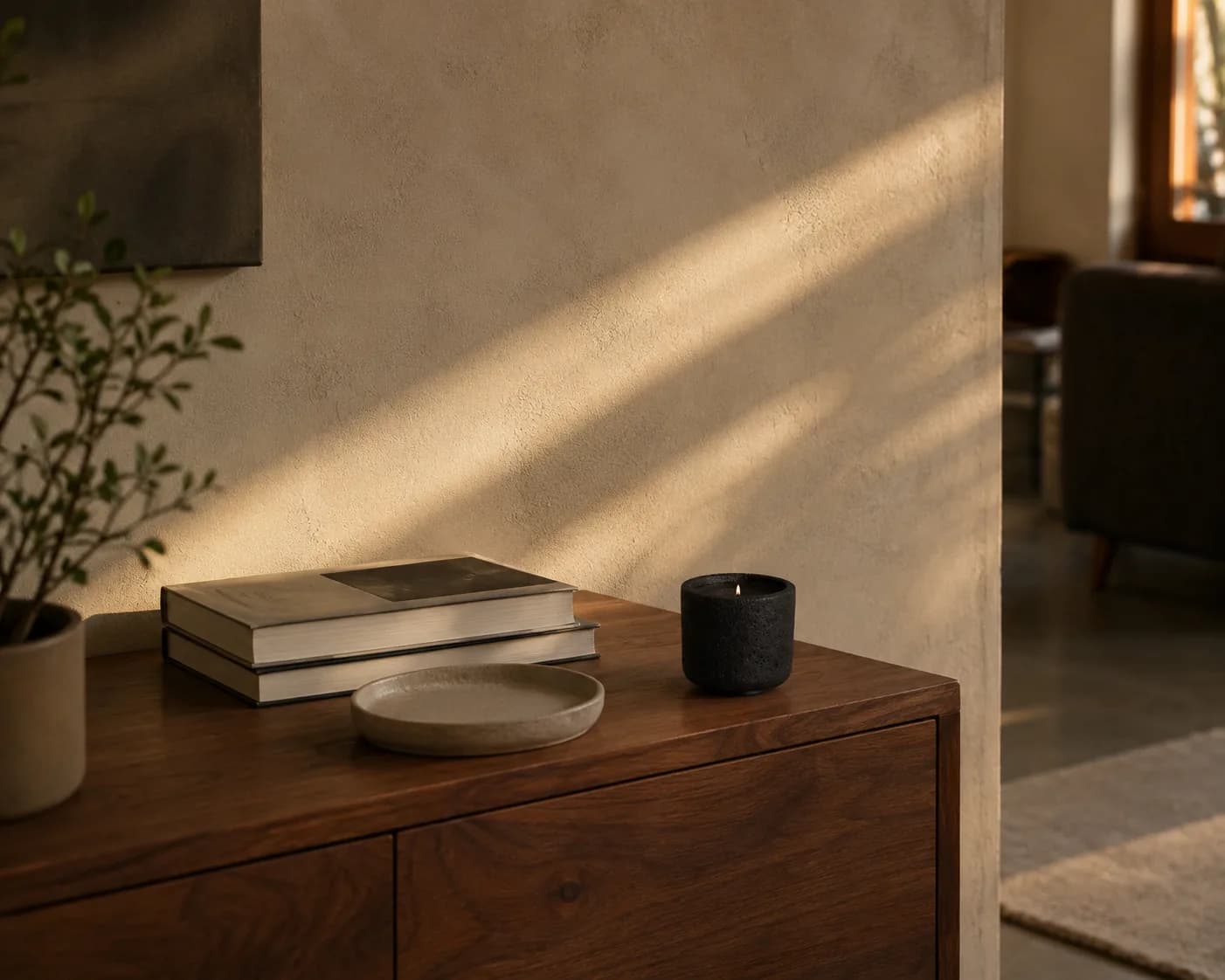 the andromeda candle on a walnut console in afternoon light