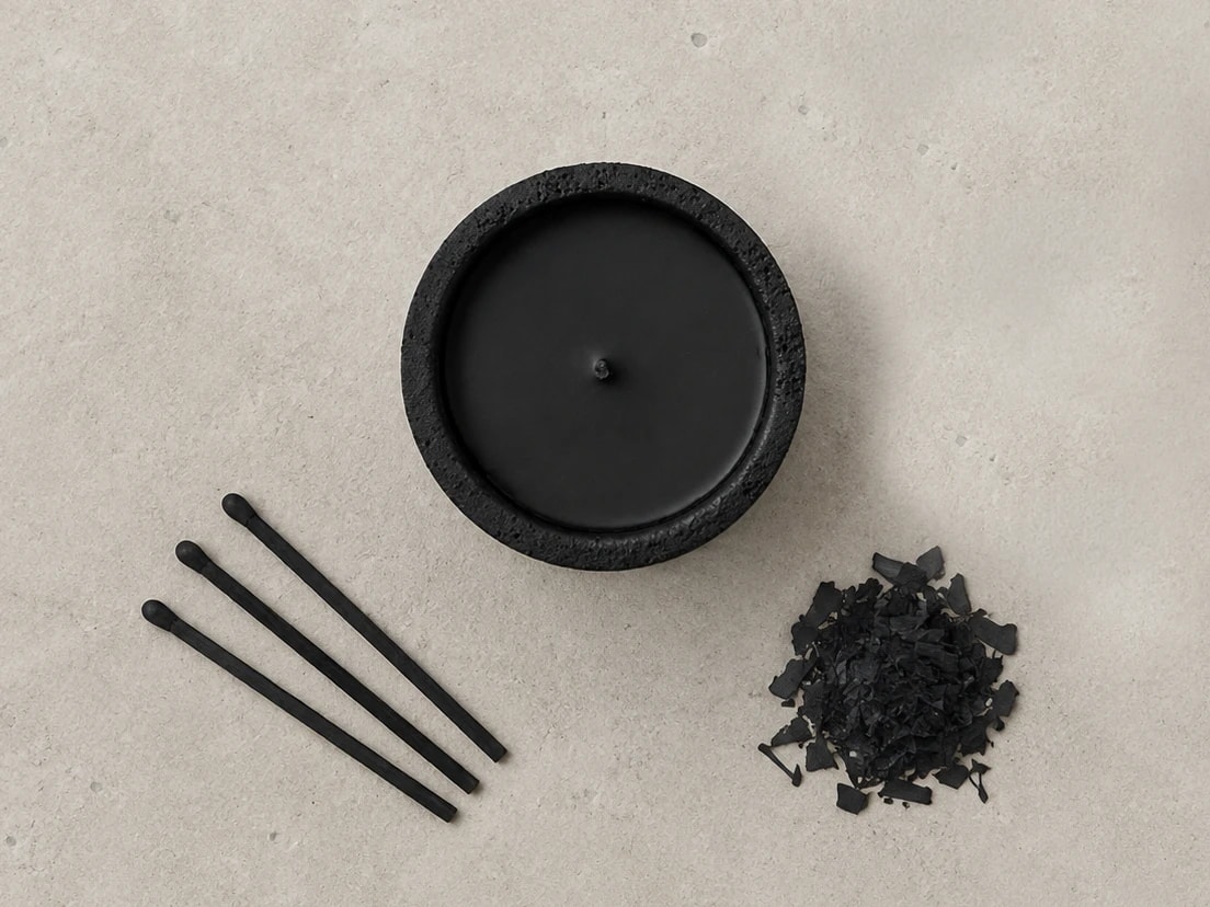A Lyra candle seen from above beside three black matches