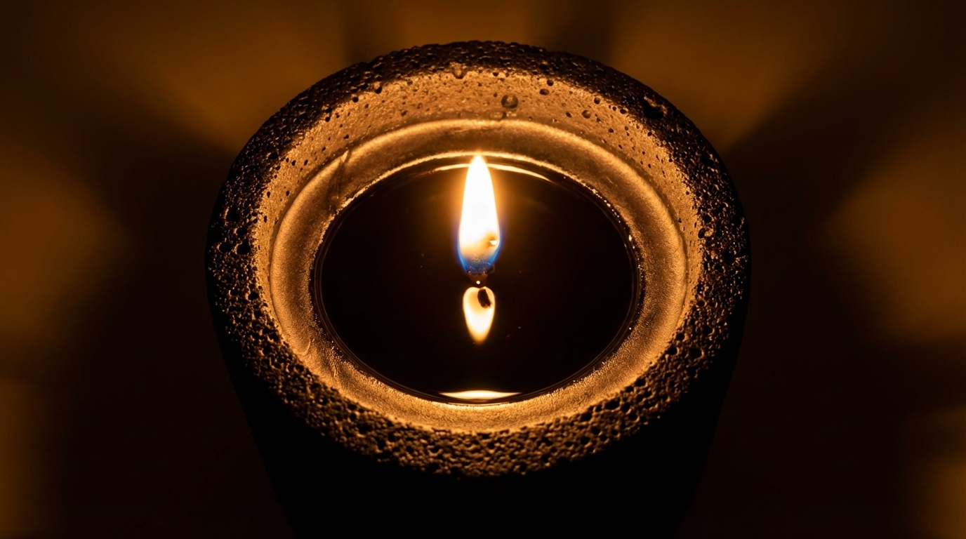 Close-up of candle flame with dark wax