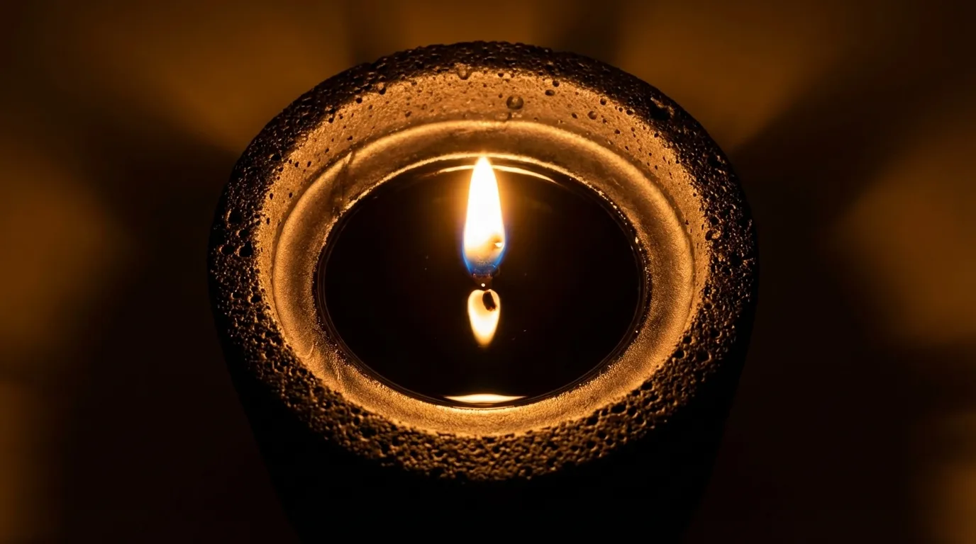 Close-up of candle flame with dark wax
