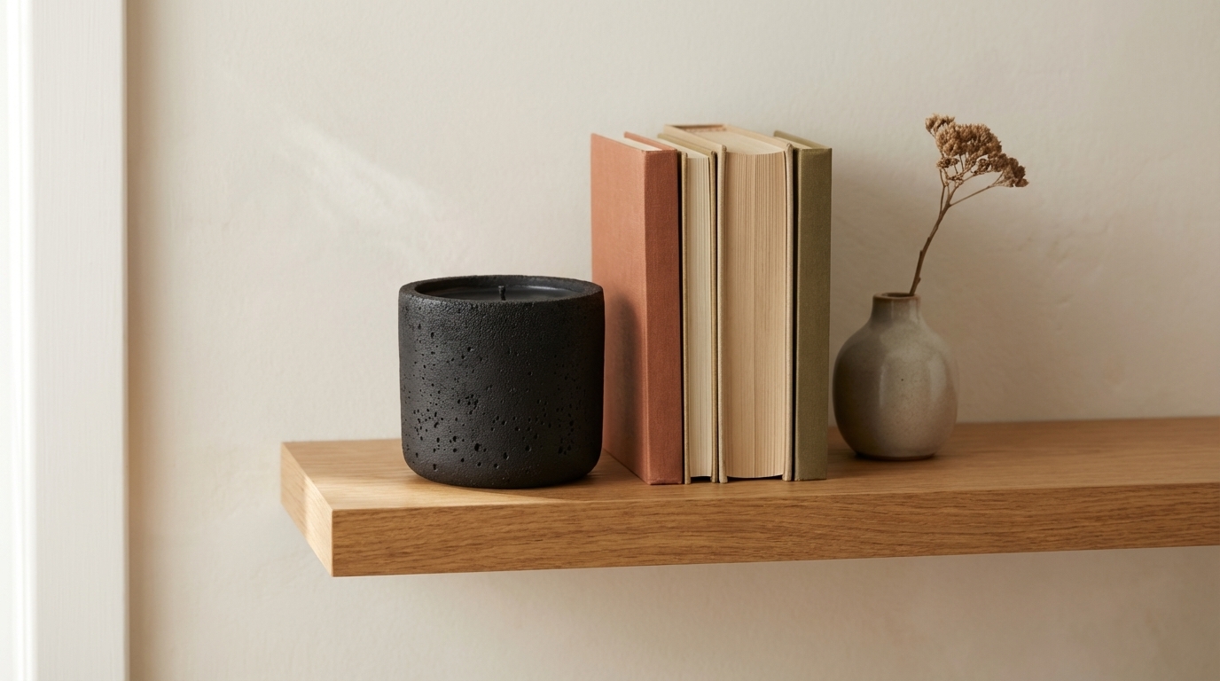 Minimalist interior with dark objects on shelf