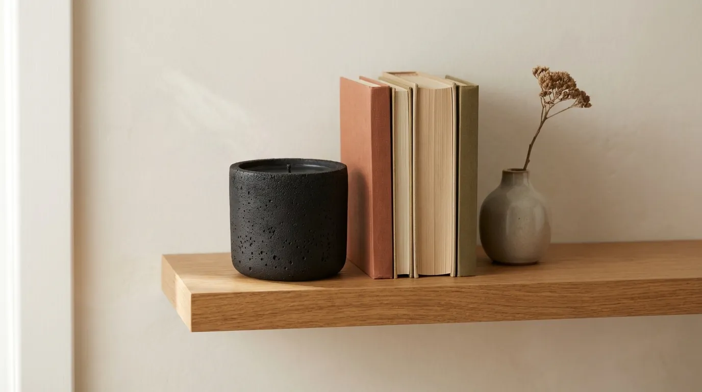 Minimalist interior with dark objects on shelf