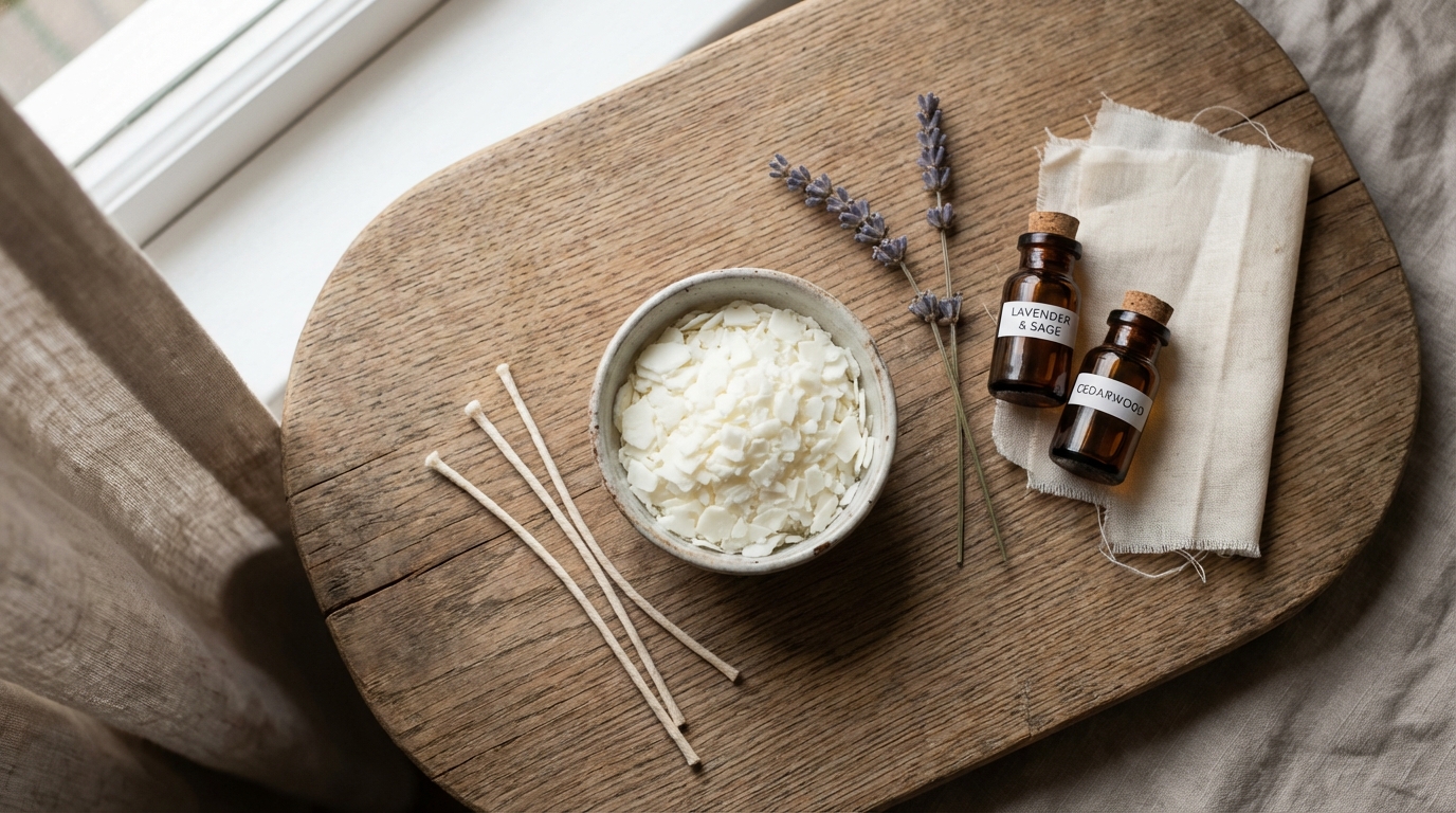 Natural soy candle with soft warm light in a clean setting