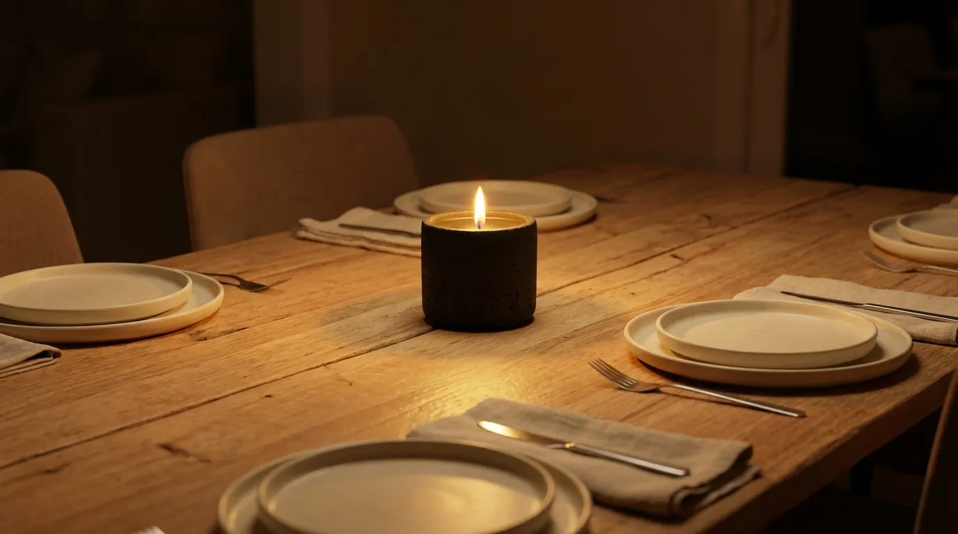 Candle with warm glow in a dimly lit evening room