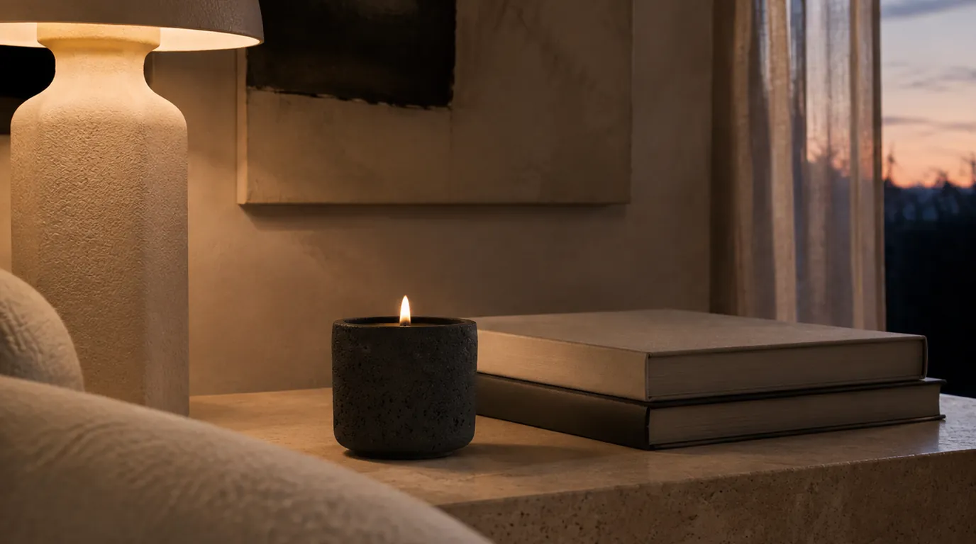 Candle with warm glow in a dimly lit evening room