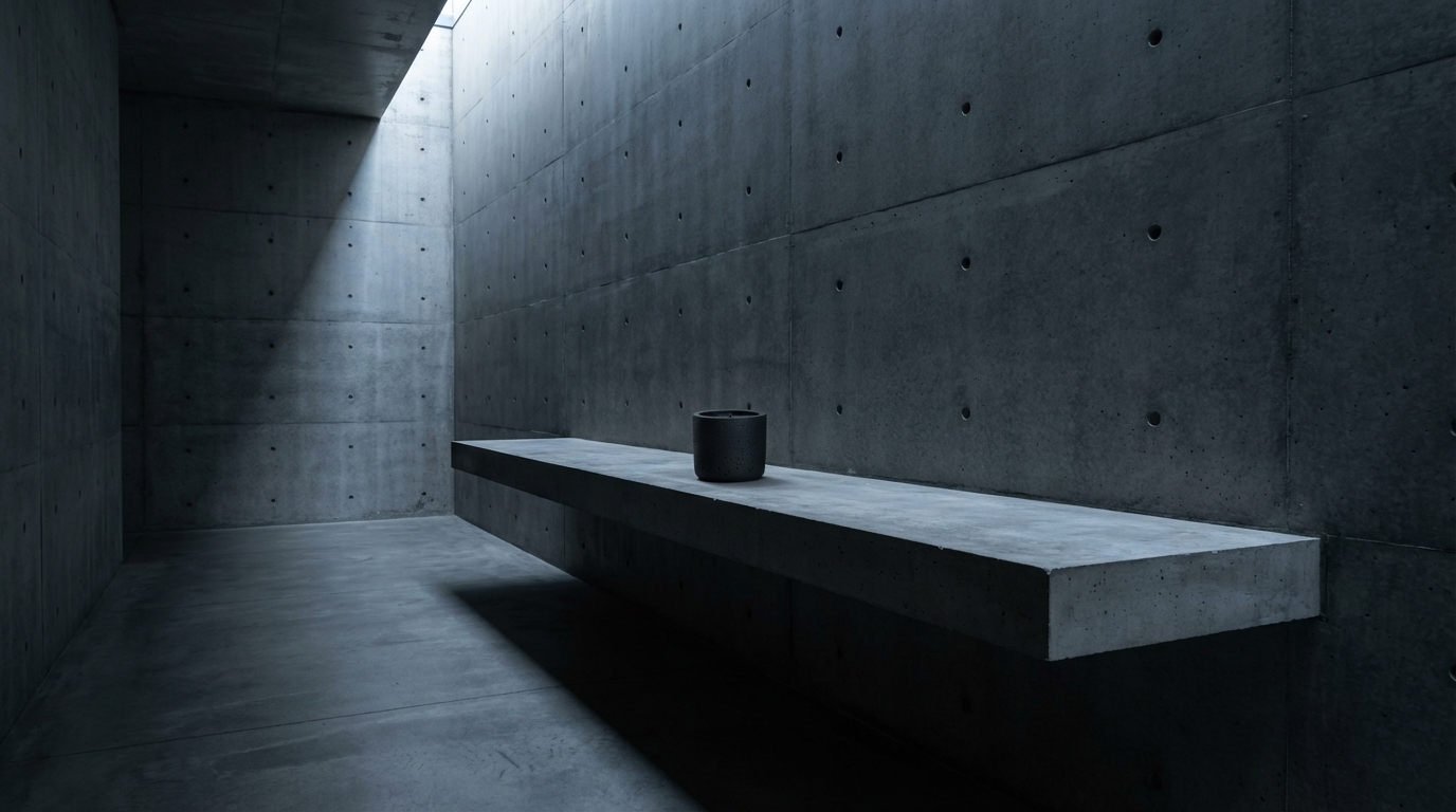 A single black concrete candle on a raw concrete ledge in a dim brutalist room