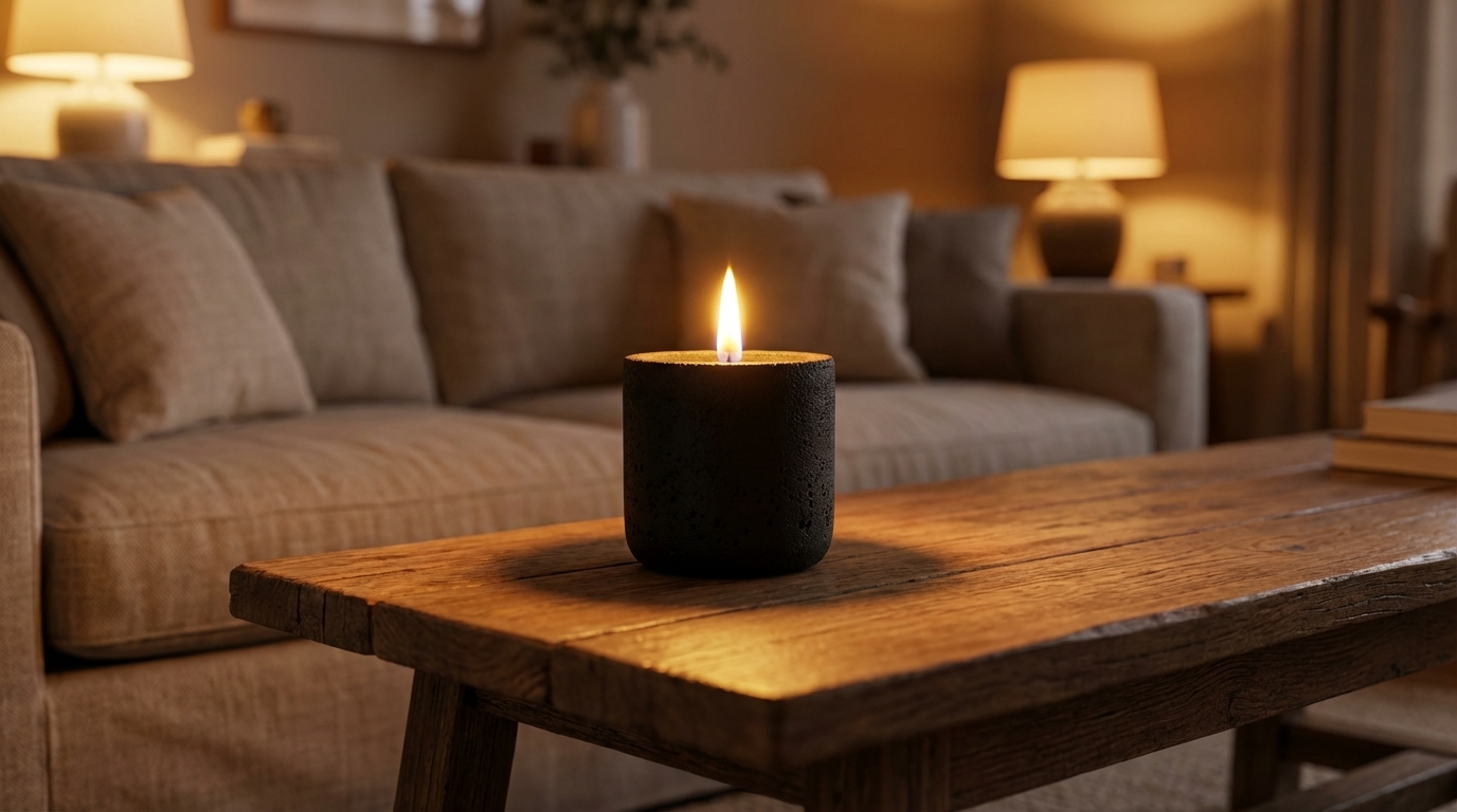 A candle in a minimal setting on a clean surface with soft natural light