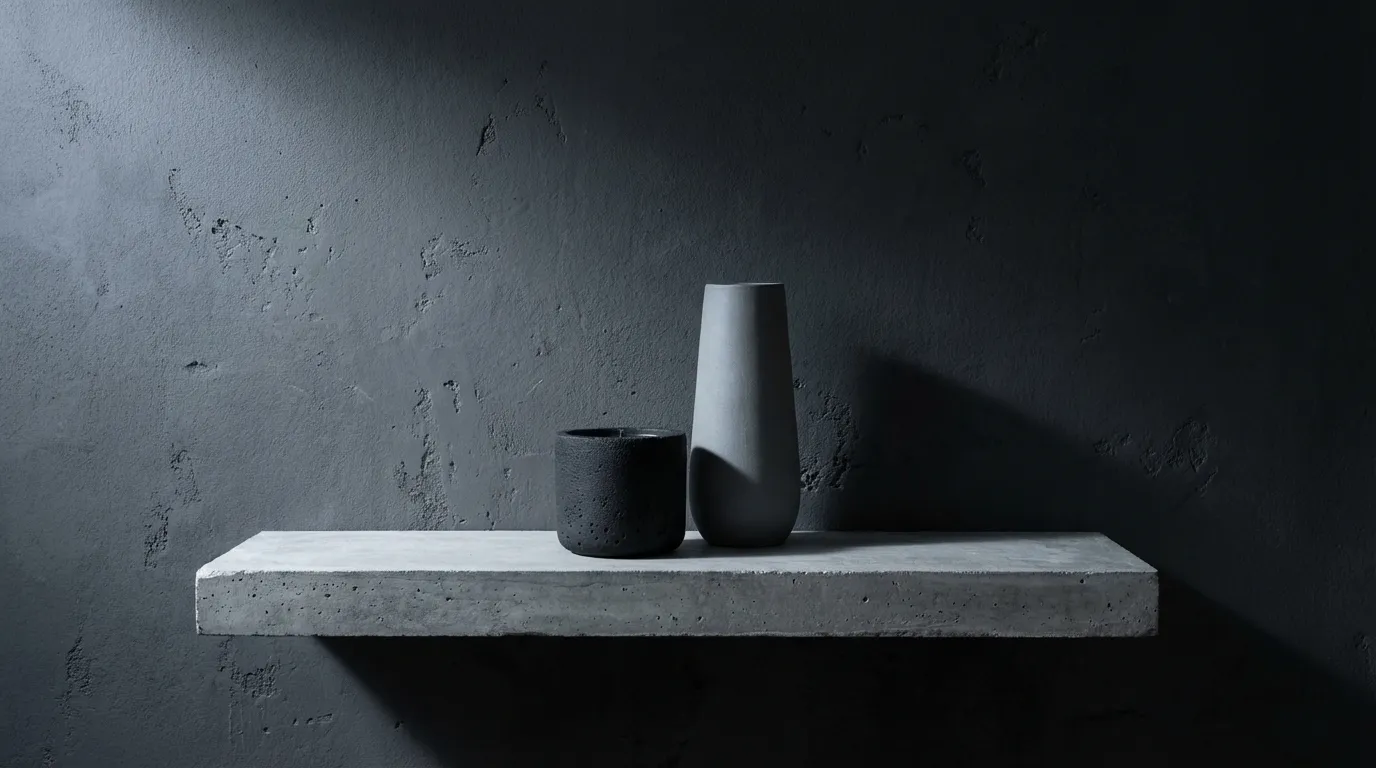 Black concrete candle next to an unlabeled stoneware vessel on a raw concrete shelf in a dim cool room