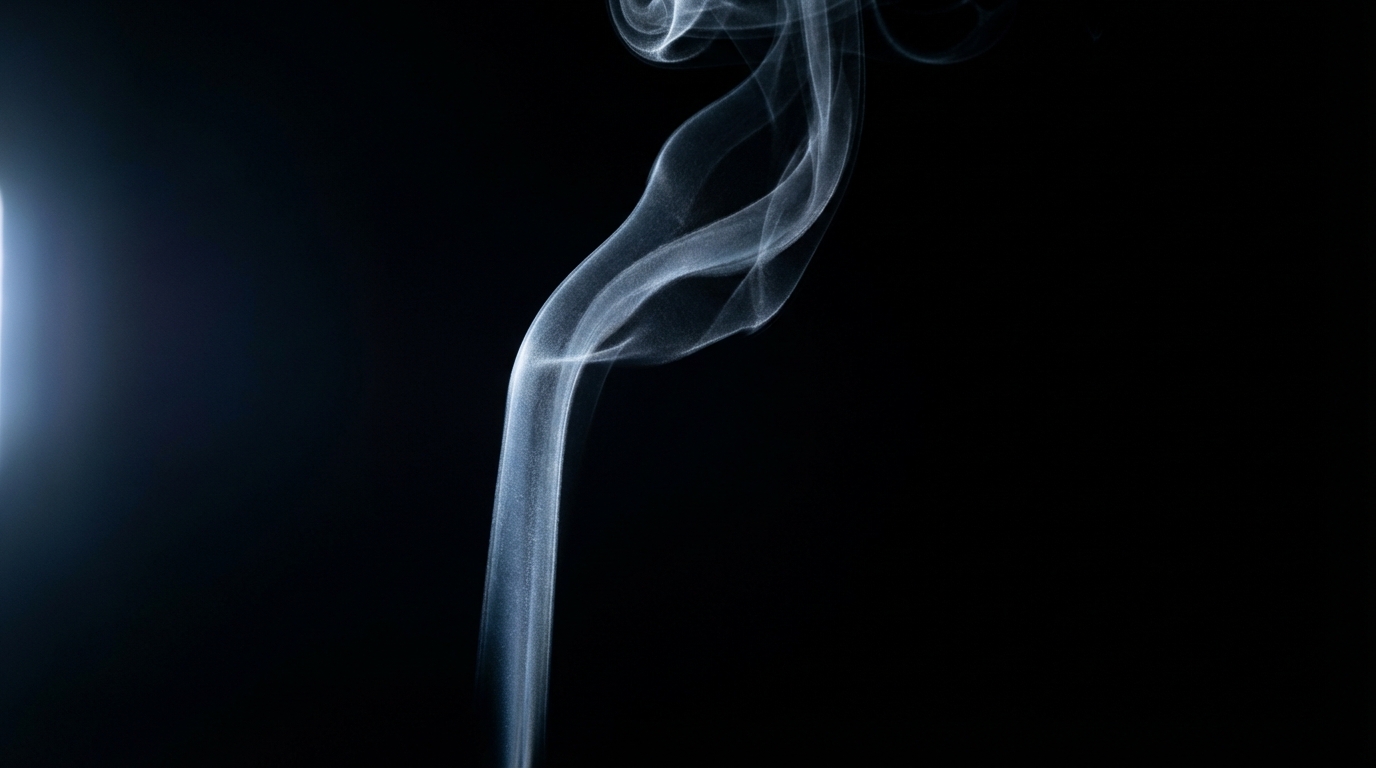 A single ribbon of pale smoke rising into cool directional light against a deep black void