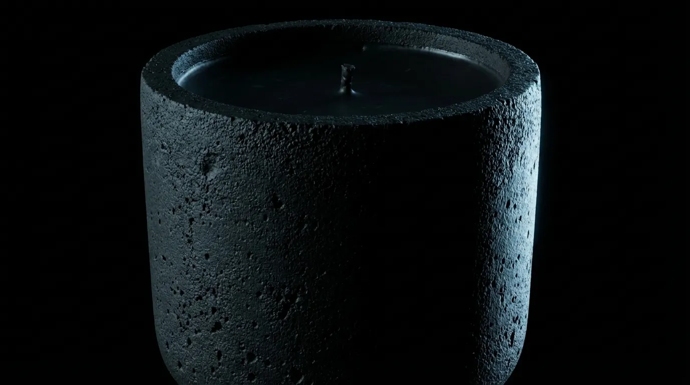 Tight architectural close-up of a black concrete candle vessel in raking cool light, the surface texture and weight visible