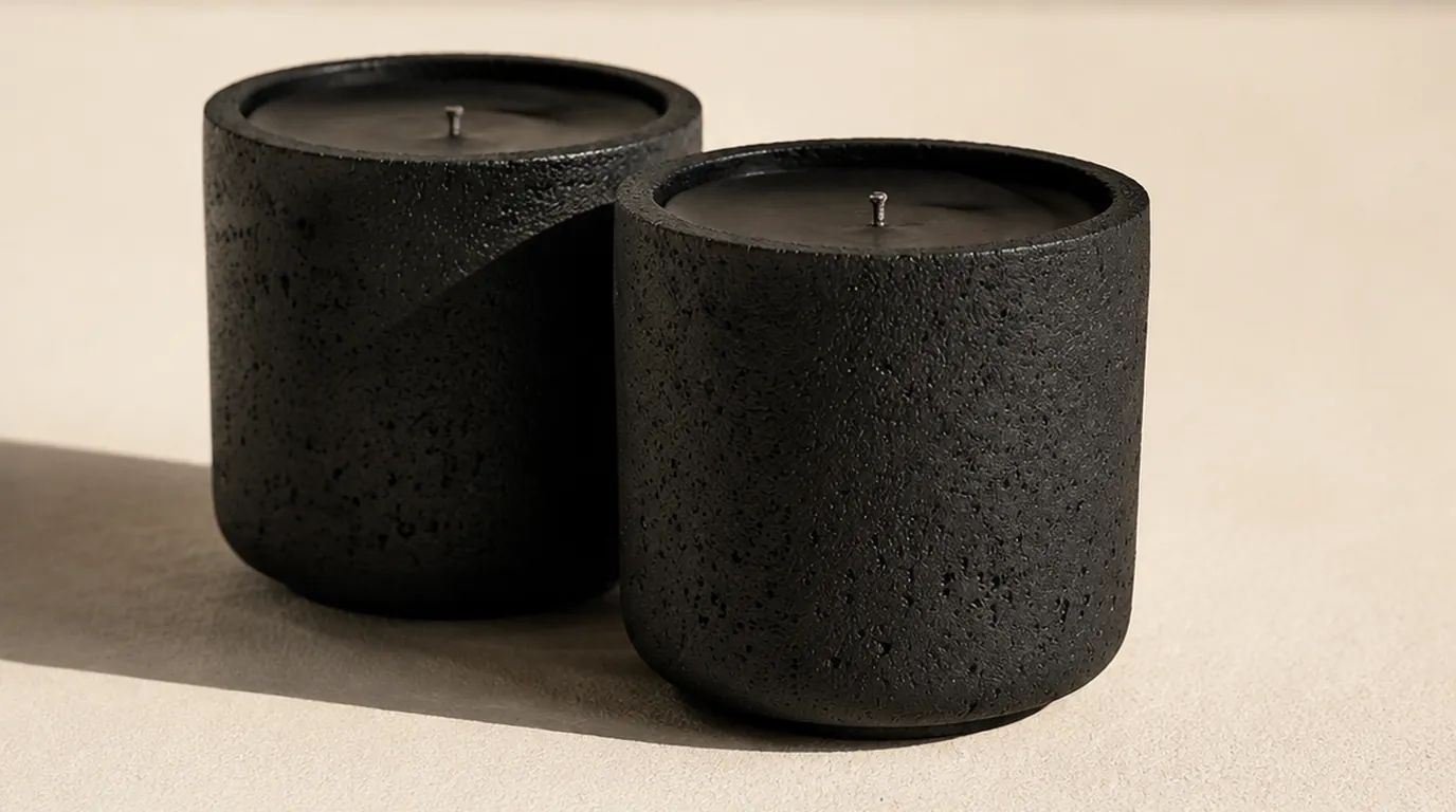 Tight architectural close-up of a black concrete candle vessel in raking cool light, the surface texture and weight visible