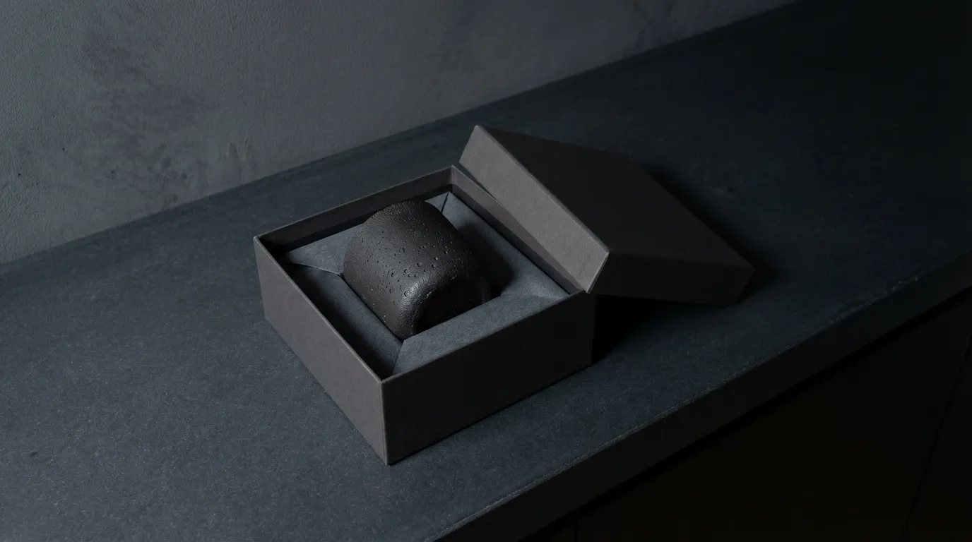 Black concrete candle resting on dark folded paper inside a heavy charcoal box on a slate surface in cool light