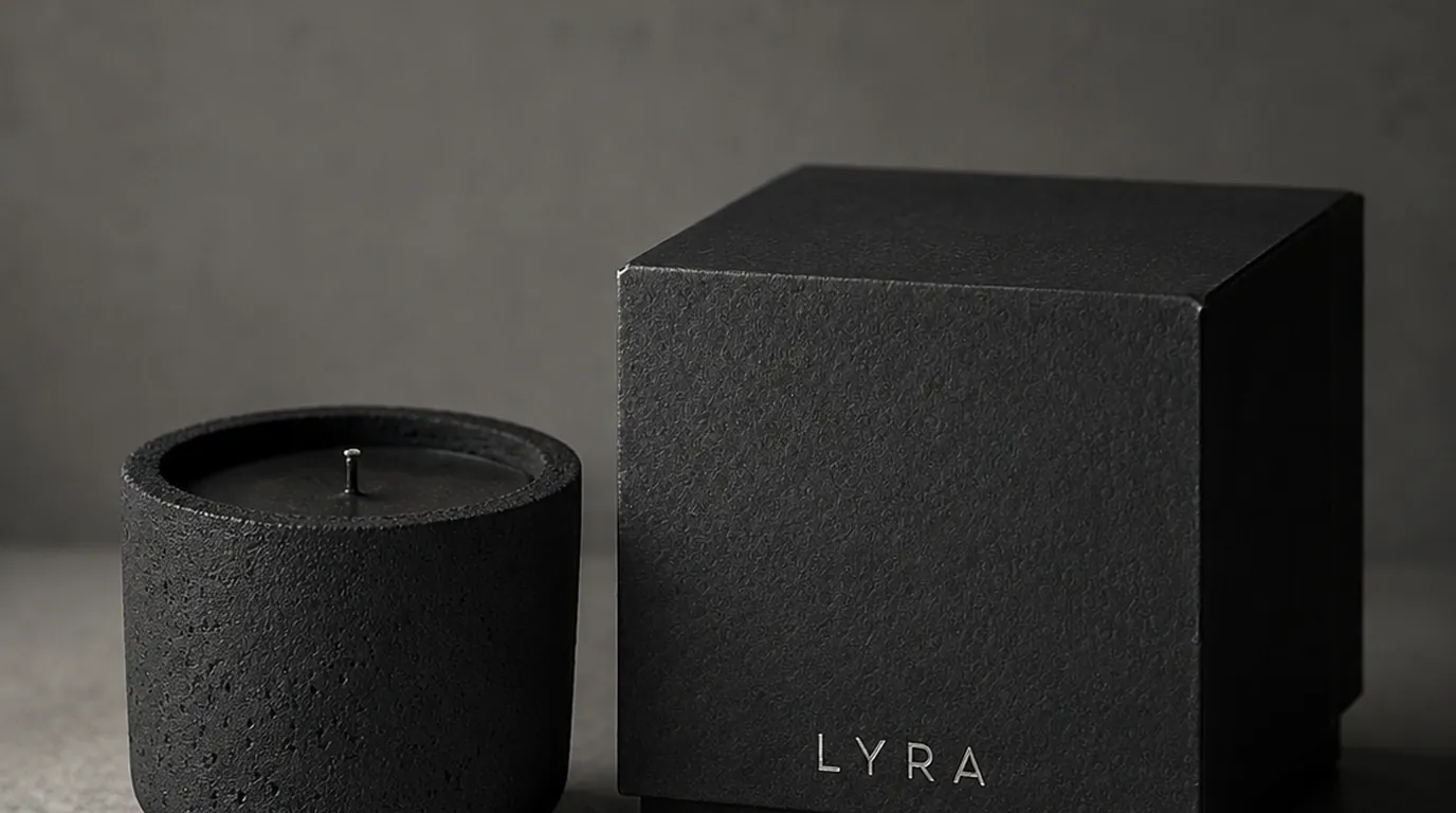 Black concrete candle resting on dark folded paper inside a heavy charcoal box on a slate surface in cool light
