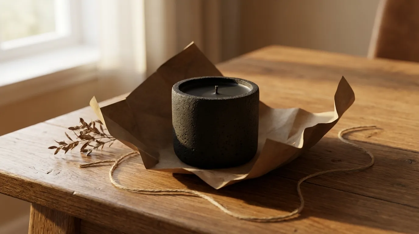 A handwritten note beside a simply wrapped gift