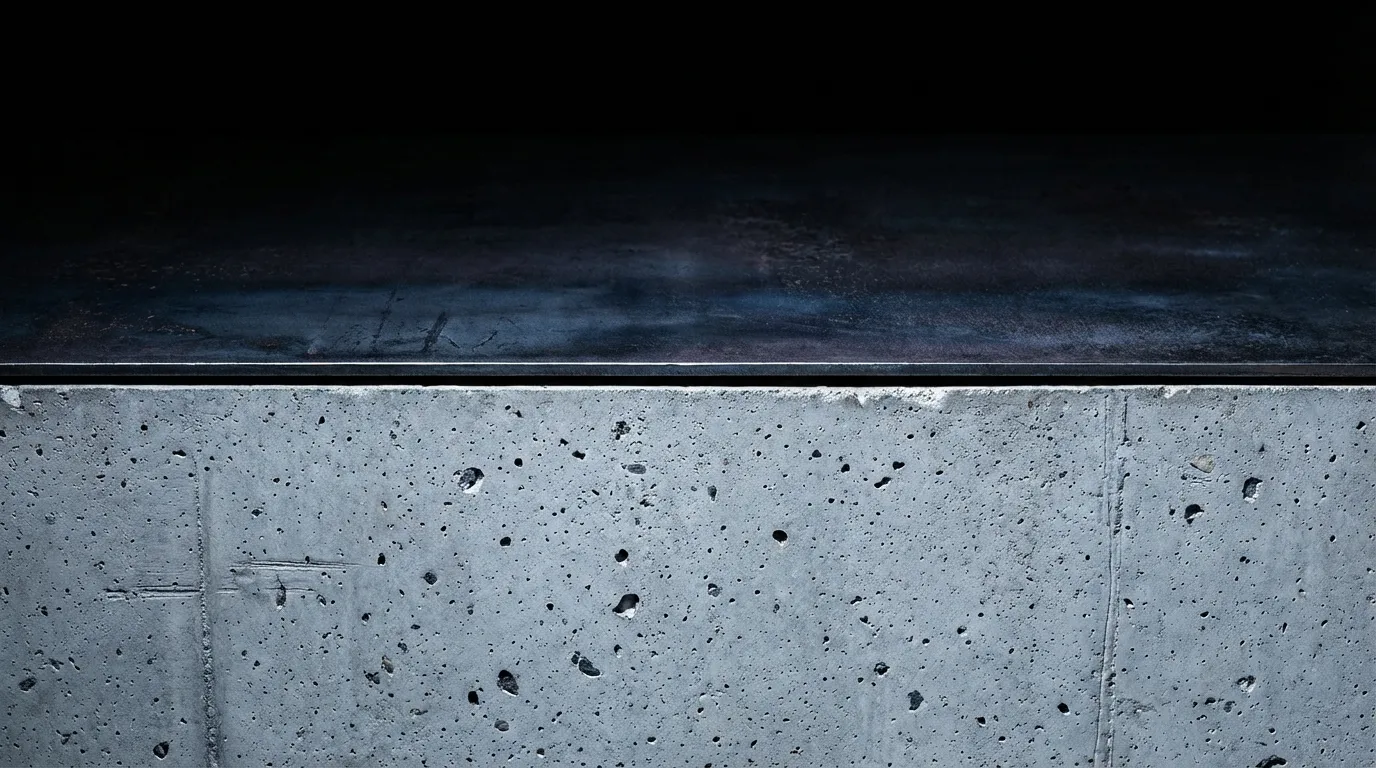 Tight material study of a raw concrete slab meeting blackened steel under hard cool light