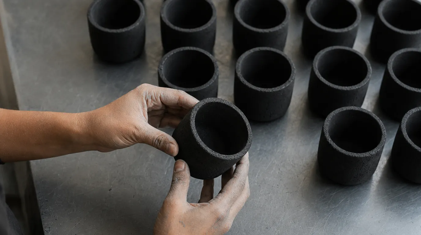 Close-up of cotton wicks being centered by hand in candle vessels