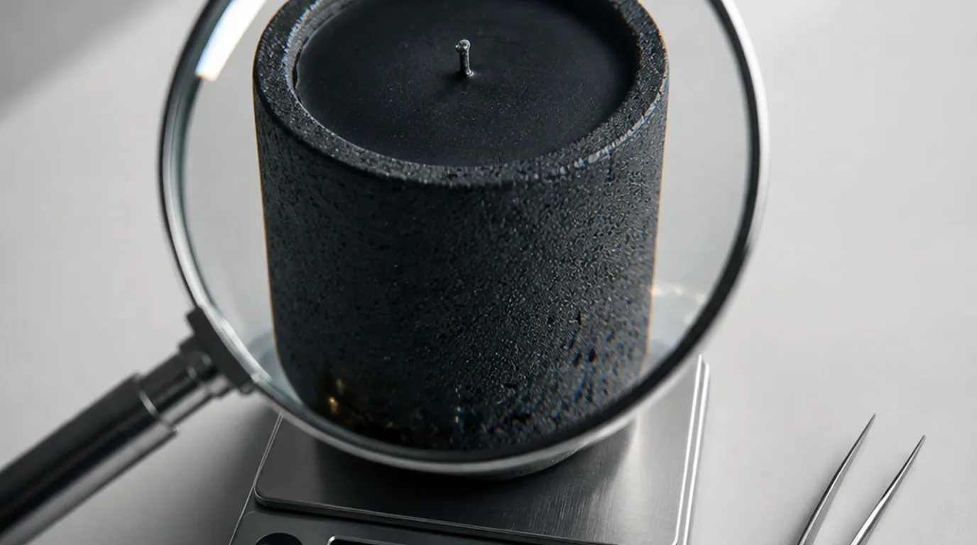 A finished candle with dark wax in a handmade vessel on a wooden surface