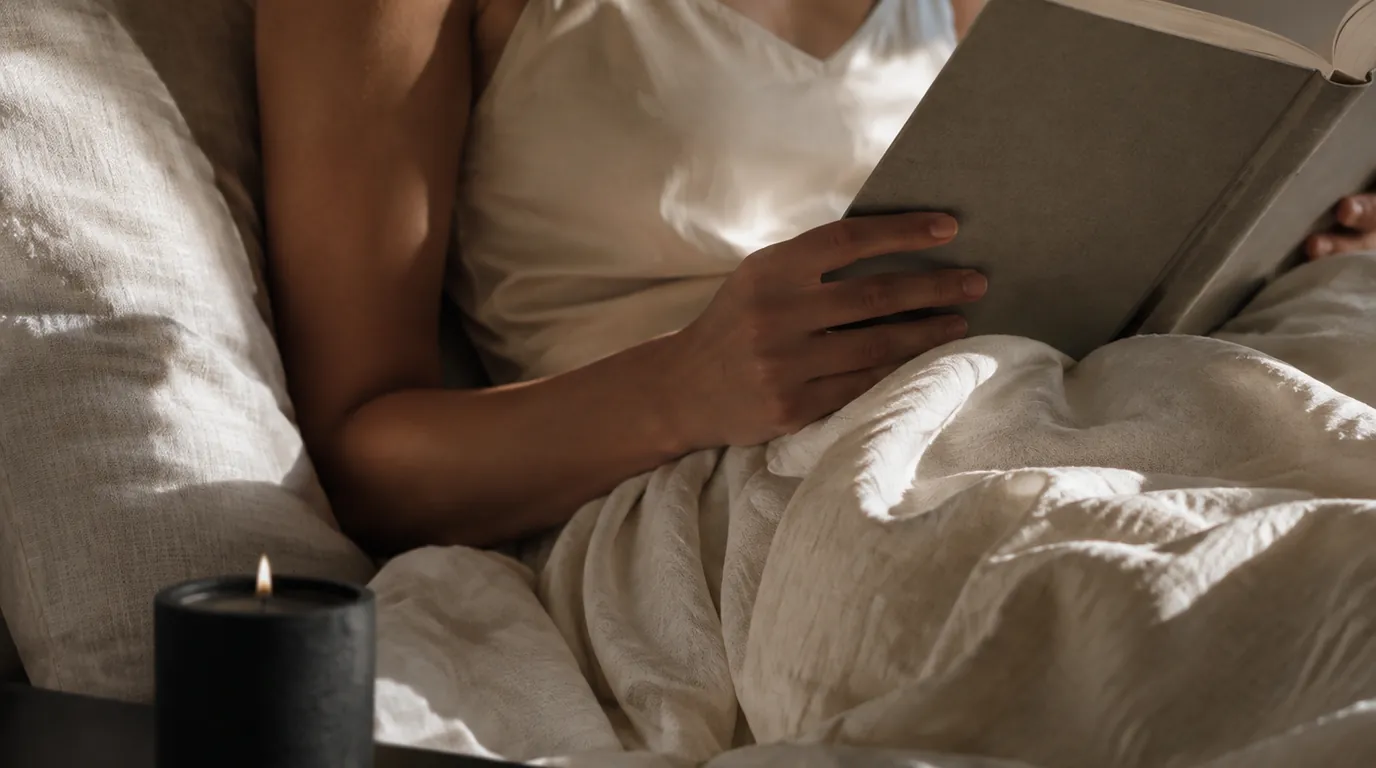 A calm bedroom with warm low lighting and soft textures