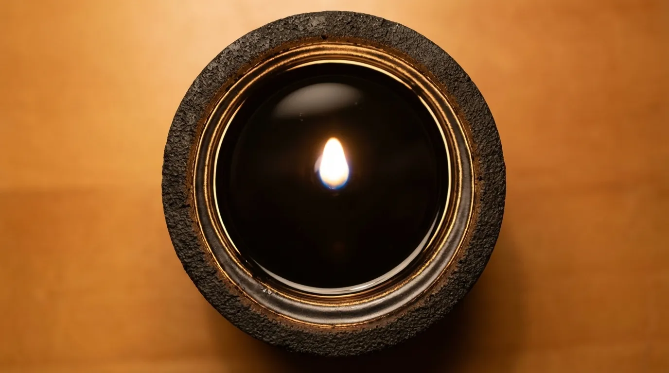 Close-up of a candle flame with warm wax glow