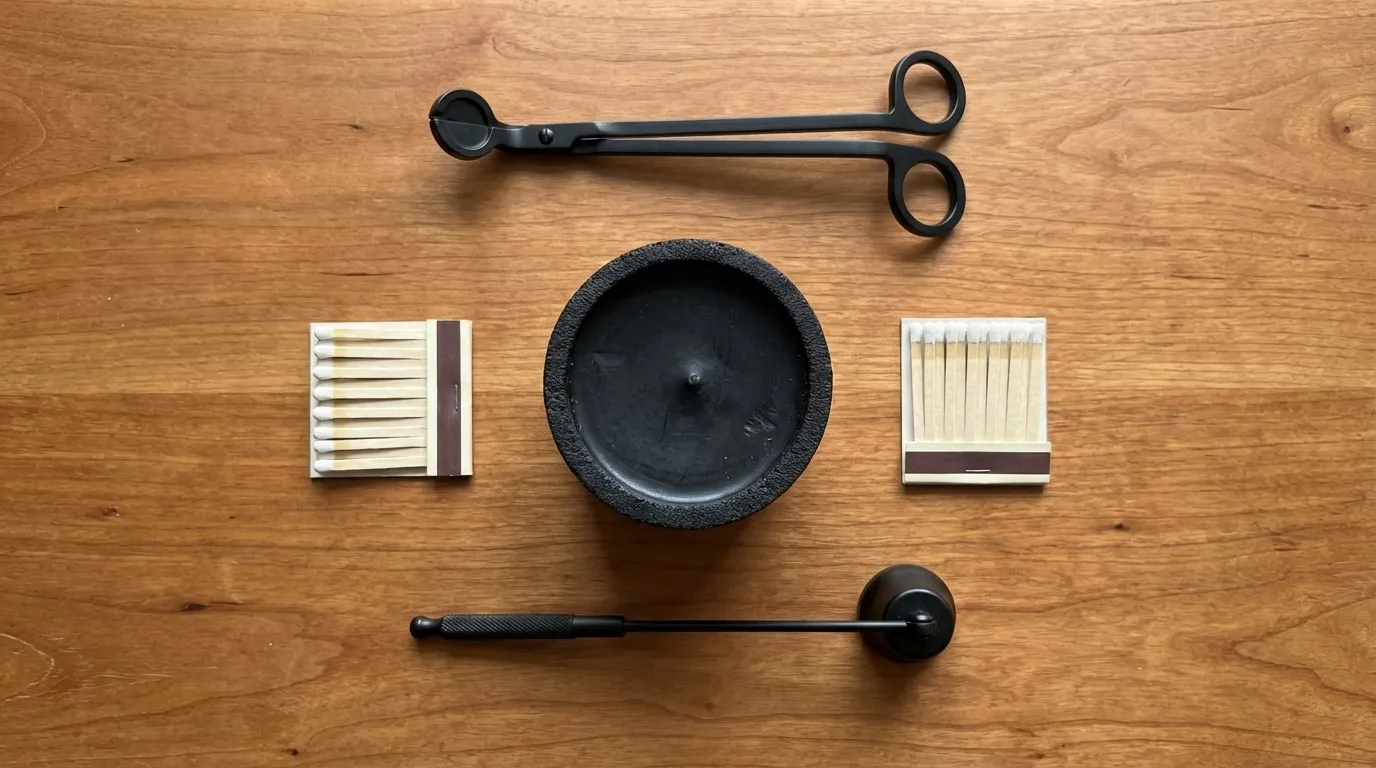 Minimalist shelf arrangement with candles and dark objects