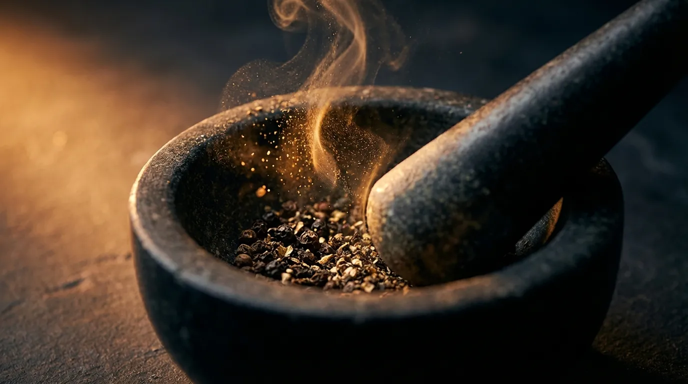 Warm spices and aromatics arranged on a textured surface