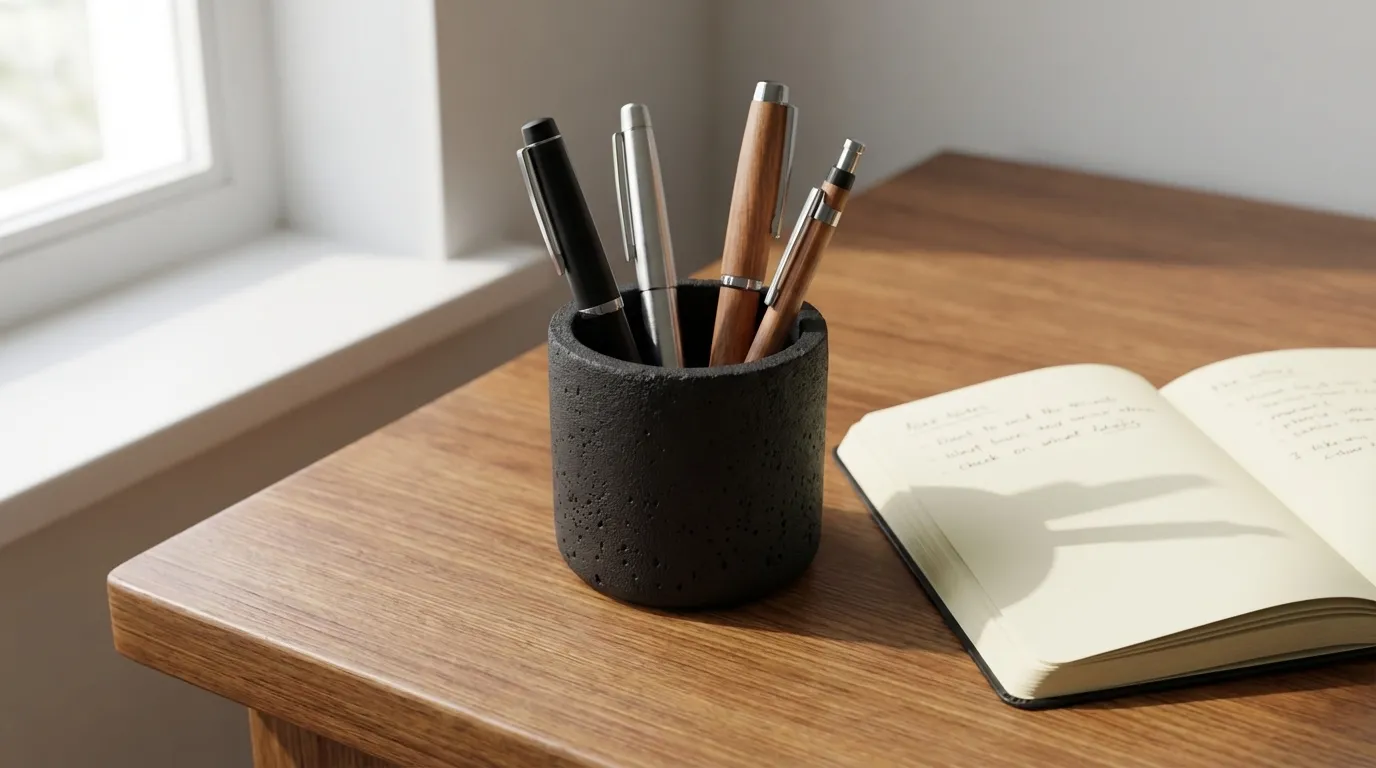 Neatly arranged desk with minimal objects and a dark vessel holding pens